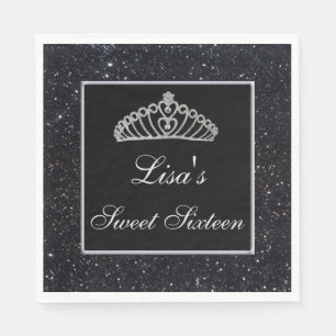 Elegant Chic Black Glitter Tiara Sweet 16 Napkin