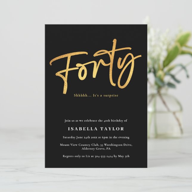 Elegant Chic Black Gold 40th Birthday Invitation (Standing Front)