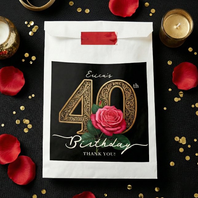 Elegant Chic Black Gold 40th Birthday Red Rose Favour Bags (Creator Uploaded)