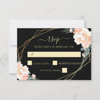 Elegant Chic Black Gold Blush Peach Floral Wedding RSVP Card