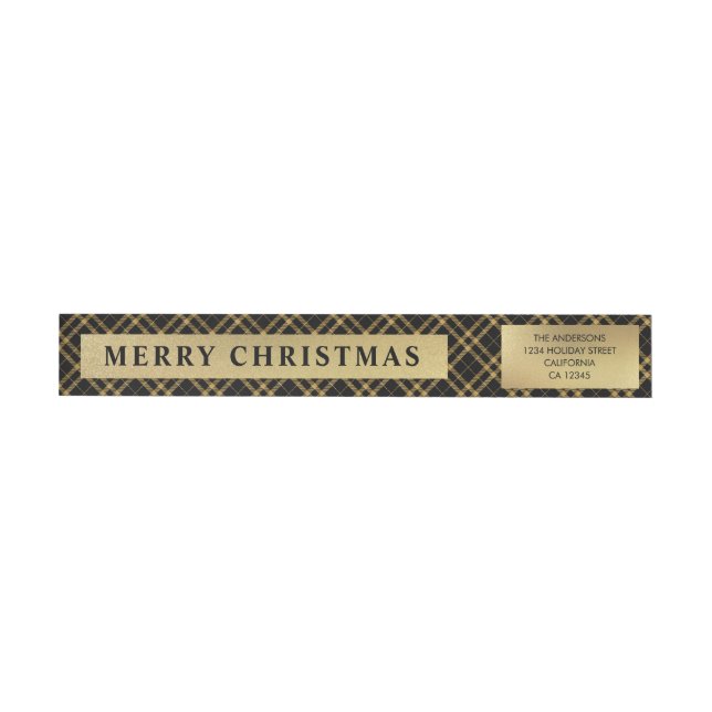 Elegant Chic Black & Gold Buffalo Plaid Christmas Wrap Around Label (Individual)
