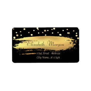 Elegant Chic Black, Gold Confetti, Brush Stroke Label