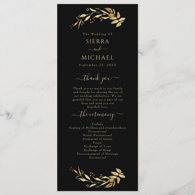 Elegant Chic Black Gold Foliage Wedding Programme (Front)