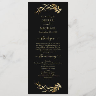 Elegant Chic Black Gold Foliage Wedding Programme