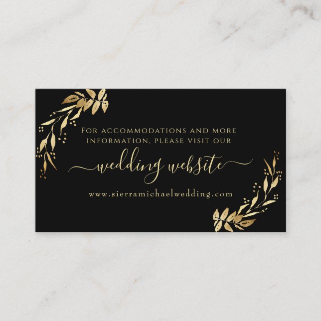 Elegant Chic Black & Gold Foliage Wedding Website Enclosure Card (Front)