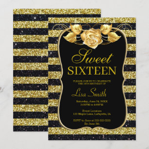 Elegant Chic Black Gold Glitter Rose Sweet 16 Invitation