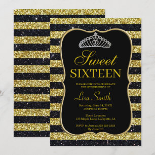 Elegant Chic Black Gold Glitter Tiara Sweet 16 Invitation
