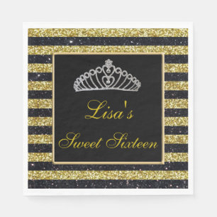 Elegant Chic Black Gold Glitter Tiara Sweet 16 Napkin