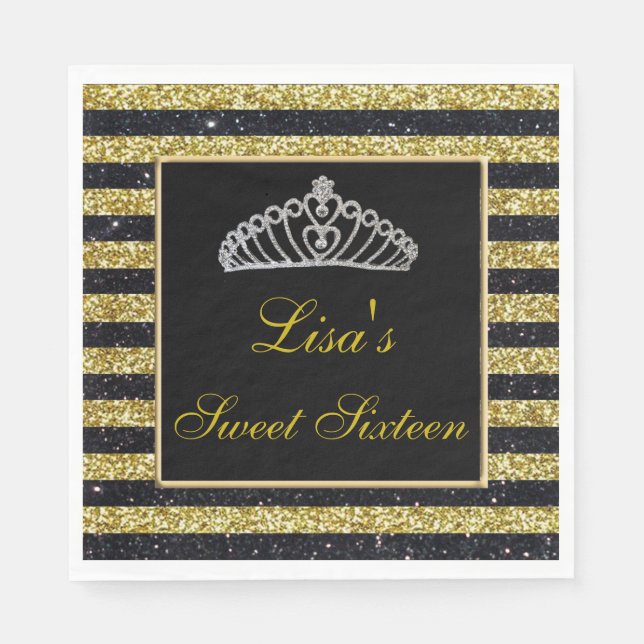 Elegant Chic Black Gold Glitter Tiara Sweet 16 Napkin (Front)