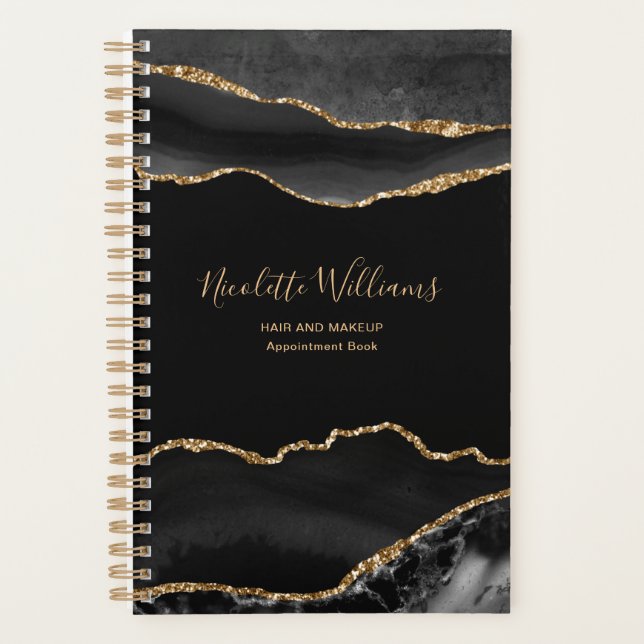 Elegant Chic Black Gold Marble Agate Personalised Planner (Front)