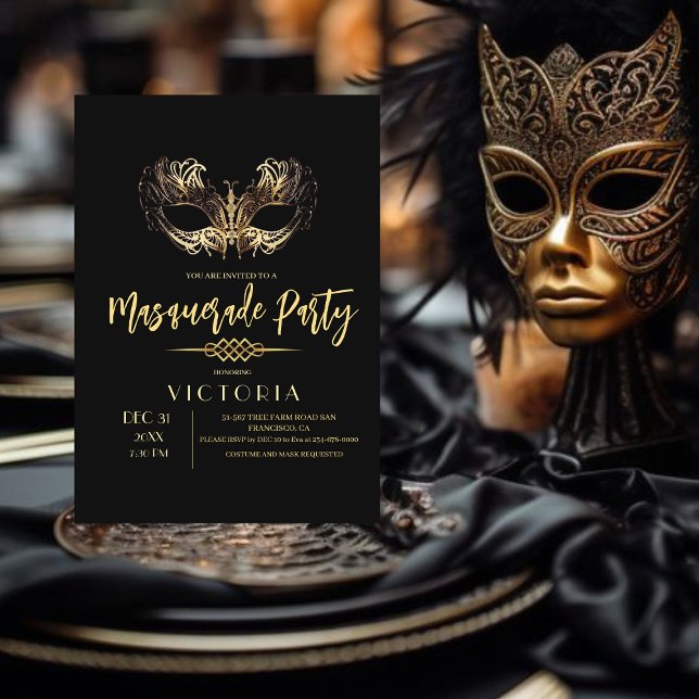 Elegant Chic Black Gold Masquerade Birthday Party Invitation (Creator Uploaded)
