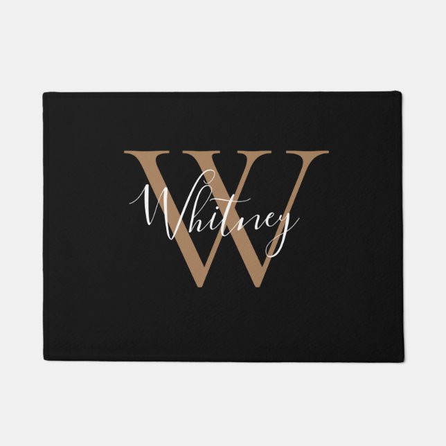 Elegant Chic Black Gold Monogram Script Name   Doormat (Front)