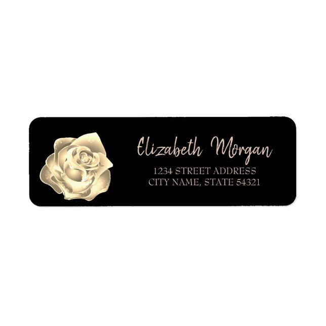 Elegant Chic Black, Gold Rose Address Label (Front)
