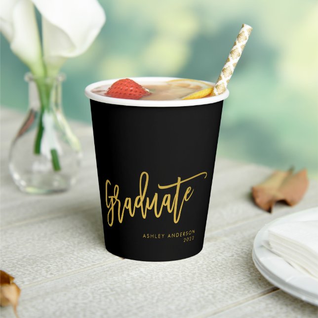 Elegant Chic Black Gold Script Graduate Party Paper Cups (Insitu)