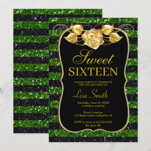 Elegant Chic Black Green Glitter Rose Sweet 16 Invitation
