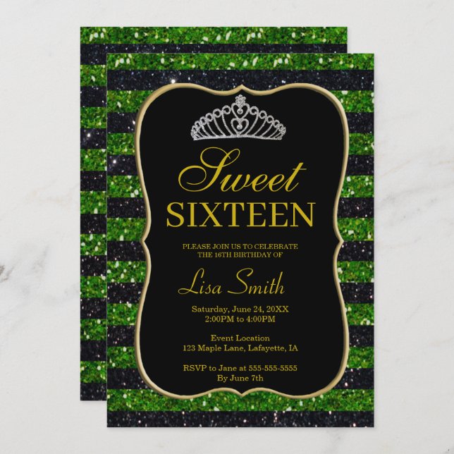 Elegant Chic Black Green Glitter Tiara Sweet 16 Invitation (Front/Back)