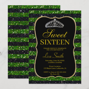Elegant Chic Black Green Glitter Tiara Sweet 16 Invitation