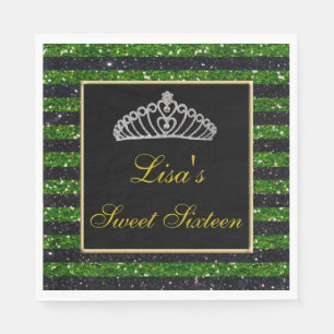Elegant Chic Black Green Glitter Tiara Sweet 16 Napkin
