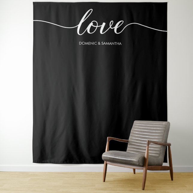 Elegant Chic Black Love Script Wedding backdrop Tapestry (In Situ)