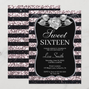 Elegant Chic Black Pink Glitter Rose Sweet 16 Invitation