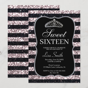 Elegant Chic Black Pink Glitter Tiara Sweet 16 Invitation