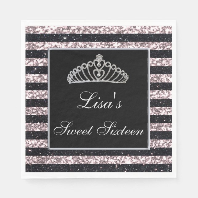 Elegant Chic Black Pink Glitter Tiara Sweet 16 Napkin (Front)
