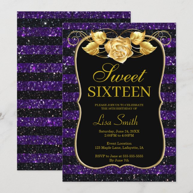 Elegant Chic Black Purple Glitter Rose Sweet 16 Invitation (Front/Back)