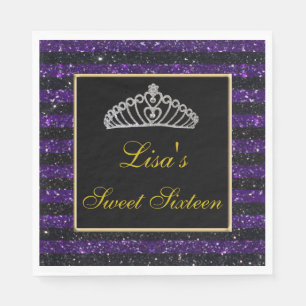 Elegant Chic Black Purple Glitter Tiara Sweet 16 Napkin