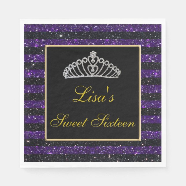 Elegant Chic Black Purple Glitter Tiara Sweet 16 Napkin (Front)