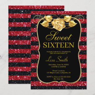 Elegant Chic Black Red Glitter Rose Sweet 16 Invitation