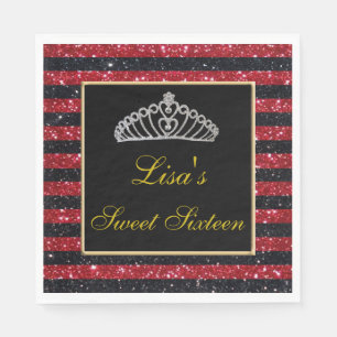Elegant Chic Black Red Glitter Tiara Sweet 16 Napkin