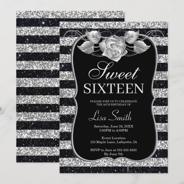 Elegant Chic Black Silver Glitter Rose Sweet 16 Invitation (Front/Back)