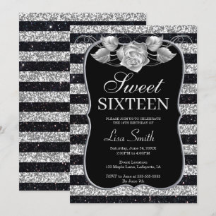 Elegant Chic Black Silver Glitter Rose Sweet 16 Invitation
