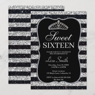 Elegant Chic Black Silver Glitter Tiara Sweet 16 Invitation