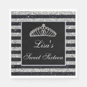 Elegant Chic Black Silver Glitter Tiara Sweet 16 Napkin