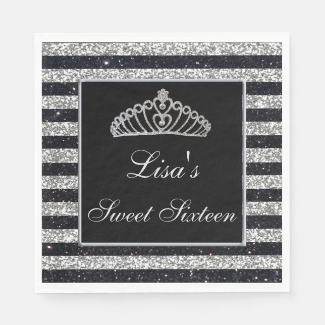 Elegant Chic Black Silver Glitter Tiara Sweet 16 Napkin (Front)