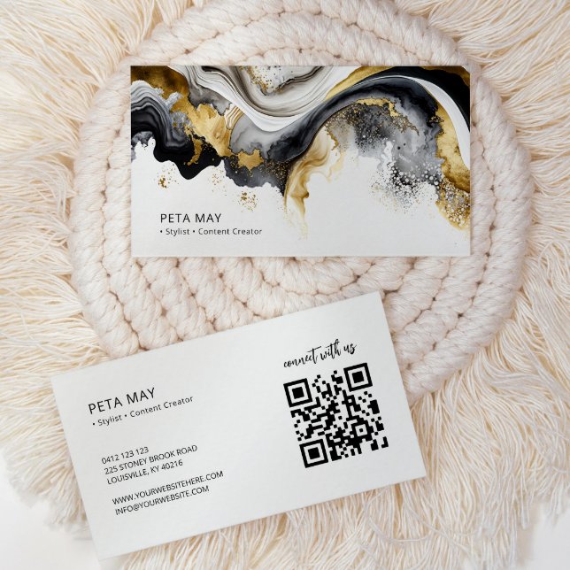 Elegant Chic Black & White Abstract Watercolour QR Business Card (Creator Uploaded)