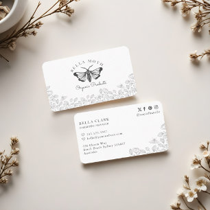 Elegant & Chic Black & White Florals & Moth Logo Business Card