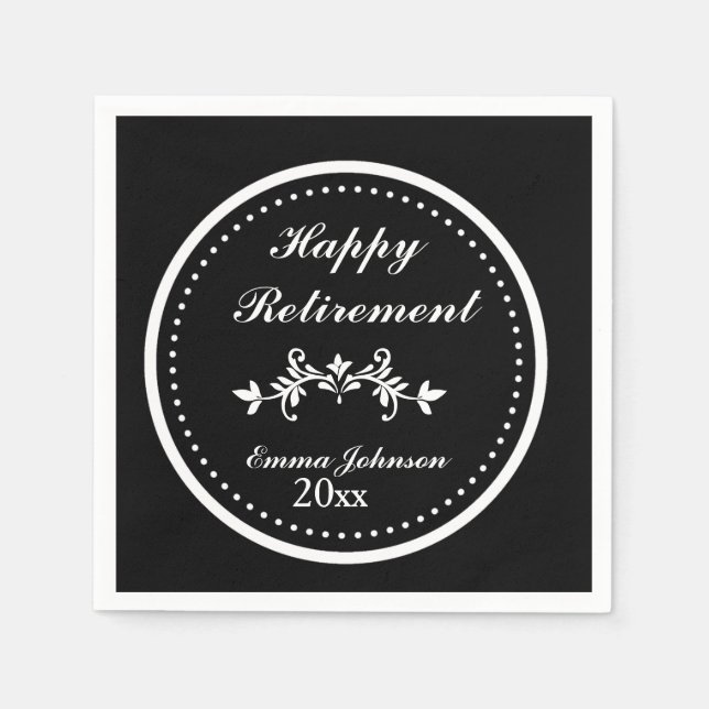 Elegant Chic Black & White Happy Retirement Napkin (Front)