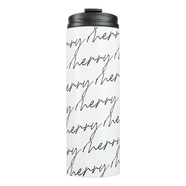 Elegant Chic Black White Merry Script Lettering Thermal Tumbler (Front)