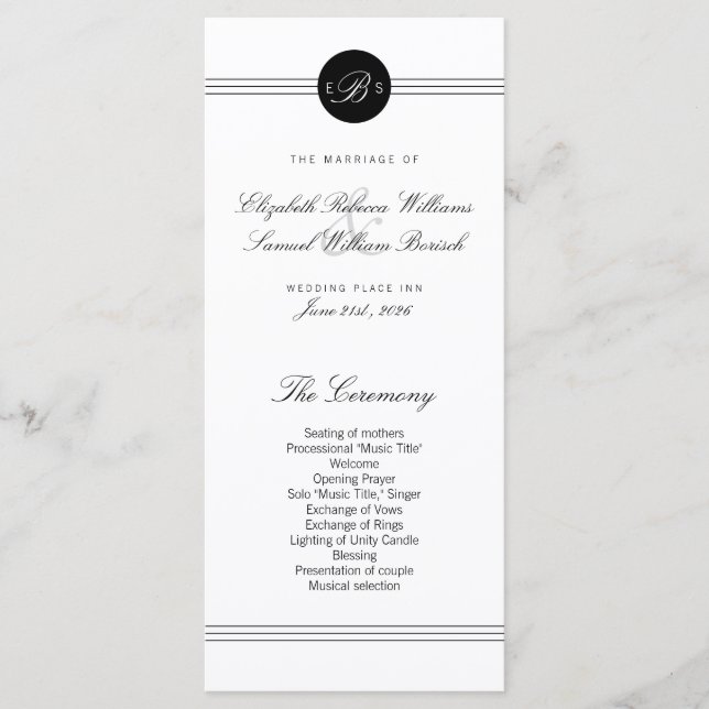 Elegant Chic Black White Monogram Wedding Program Programme (Front)