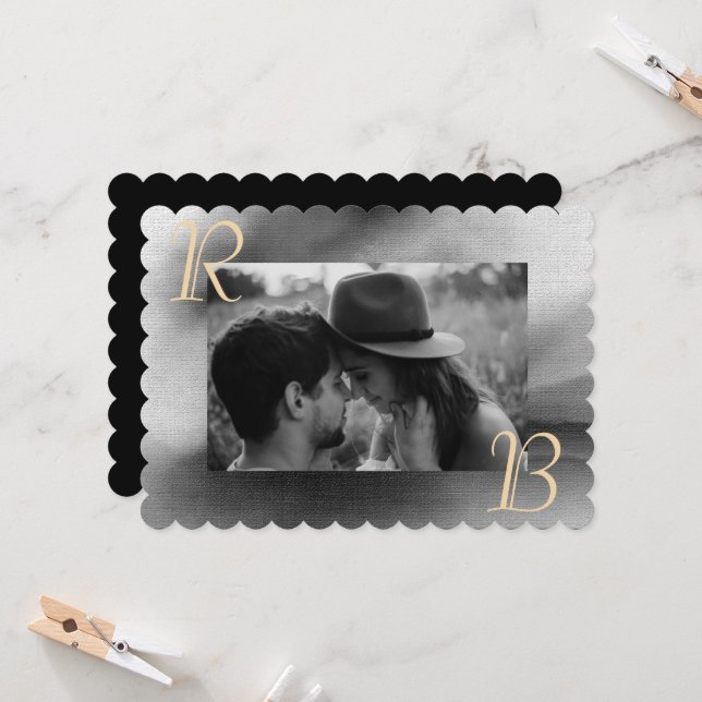 Elegant Chic Black White Photo Monogram Wedding Invitation (Front/Back In Situ)