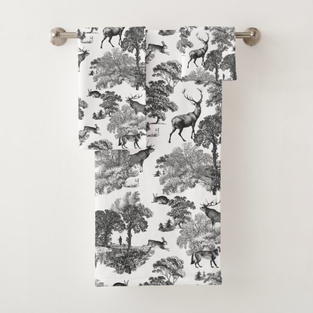 Elegant Chic Black White Toile Deer Woodland Bath Towel Set (Insitu)