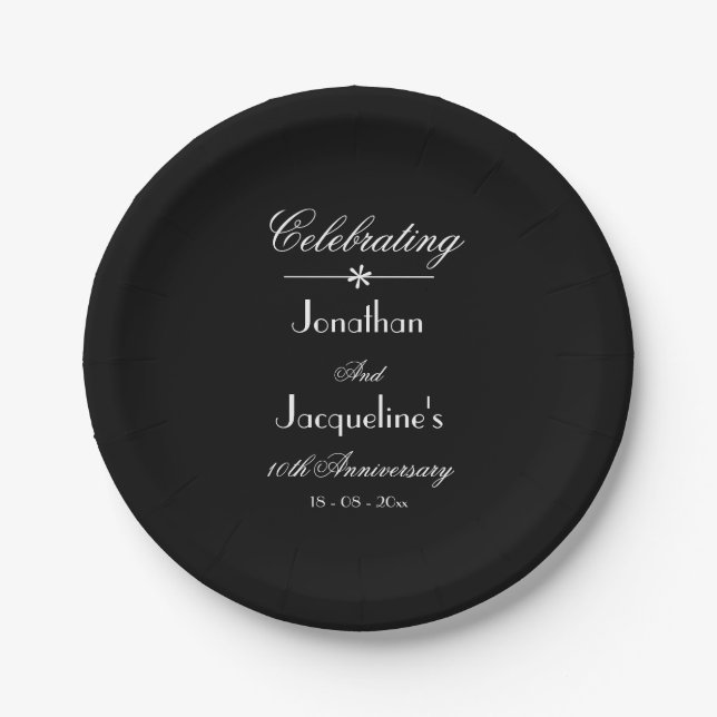 Elegant Chic Black & White Wedding Anniversary  Paper Plate (Front)