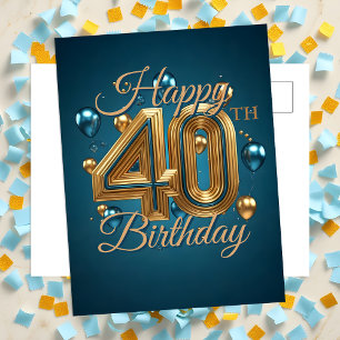 Elegant Chic Blue and Gold Balloons 40th Birthday Postcard