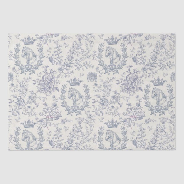 Elegant Chic Blue Beige Equestrian Floral Toile Tissue Paper (Front)