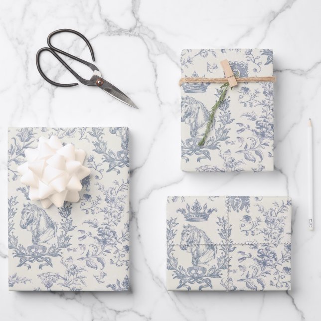 Elegant Chic Blue Beige Equestrian Floral Toile Wrapping Paper Sheet (Front)