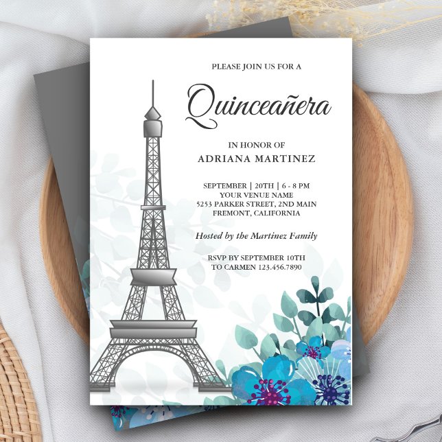 Elegant Chic Blue Floral Eiffel Tower Quinceanera Invitation (Creator Uploaded)