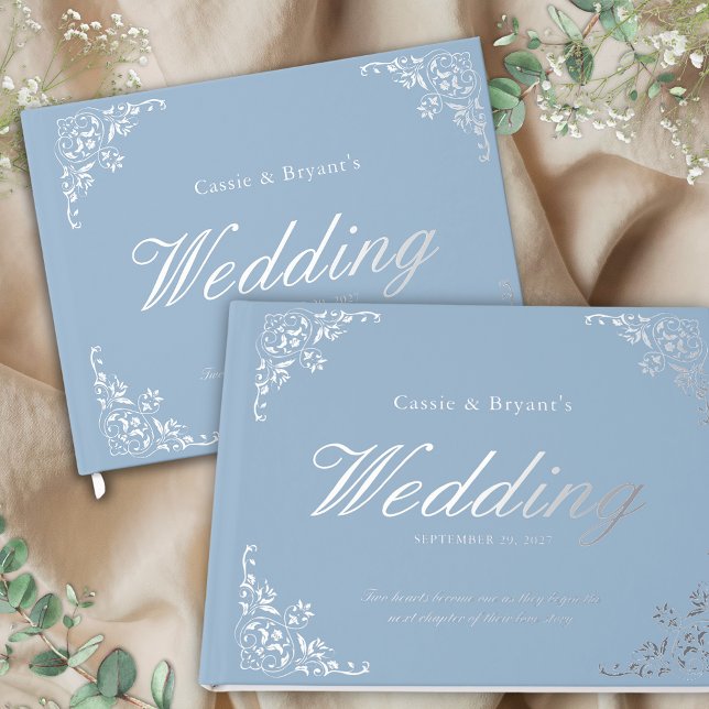 Elegant Chic Blue Formal Wedding Guest Book (elegant dusty blue and silver wedding guest book with bride and groom names monogram keepsake gift)