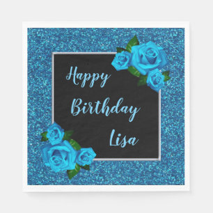 Elegant Chic Blue Glitter Blue Roses Birthday Napkin